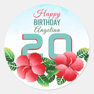 Sticker Rond Hibiscus Hawaiian Tropical Personnalisé Anniversai