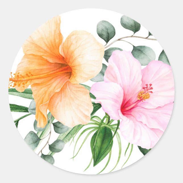 Sticker Rond Hibiscus rose et orange Tropical Floral (Devant)