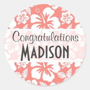 Sticker Rond Hibiscus tropical rose corail