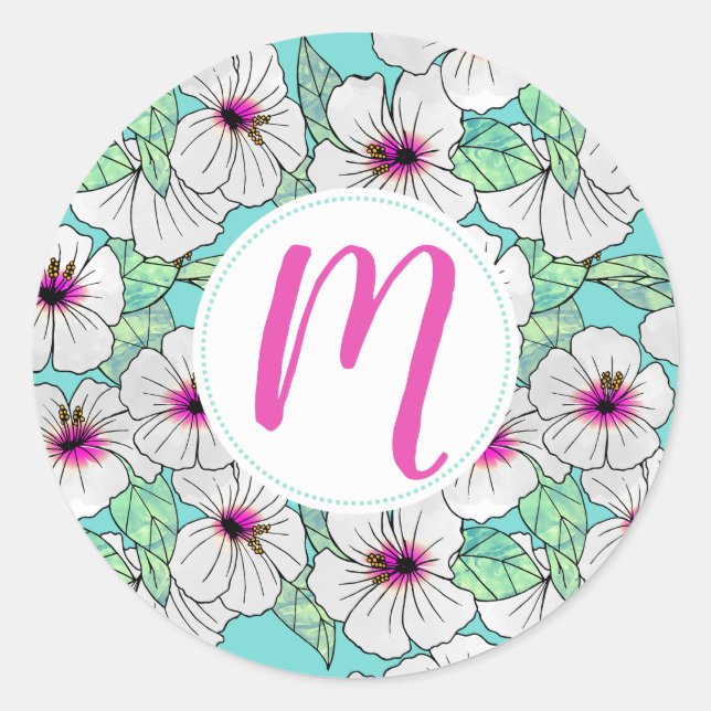 Sticker Rond Hibiscus tropical rose et blanc Motif floral (Devant)