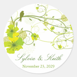 Sticker Rond Hibiscus vert Mariage floral et hirondelle