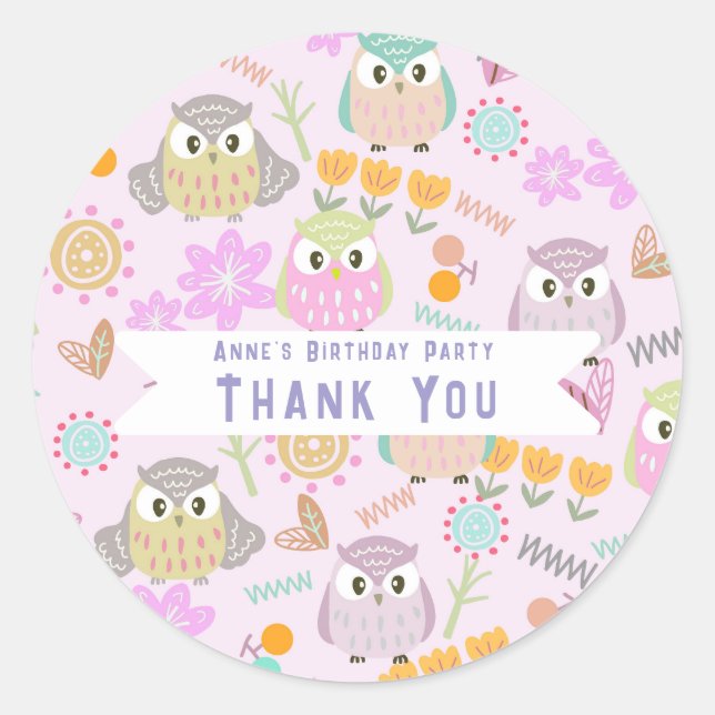 Sticker Rond Hibou Pastel Rose   (Devant)