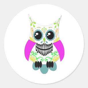Sticker Rond Hibou rose multi blanc de crâne de sucre