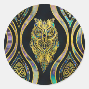 Sticker Rond Hibou tribal d'or sur le motif d'ormeau de Boho