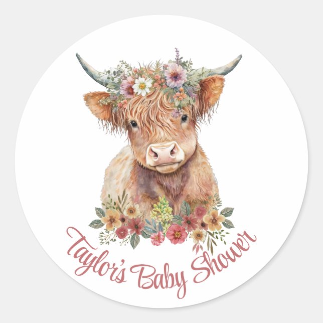 Sticker Rond Highland Calf Floral Rustique Aquarelle Cute (Devant)