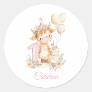 Sticker Rond Highland Cow 1st Birthday