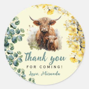 Sticker Rond Highland Cow Baby shower