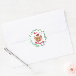 Sticker Rond Highland Cow Casquette Thistler Wreath Joyeux Noël