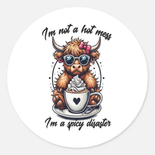 Sticker Rond Highland Cow Coffee, Coffee Cow (Devant)