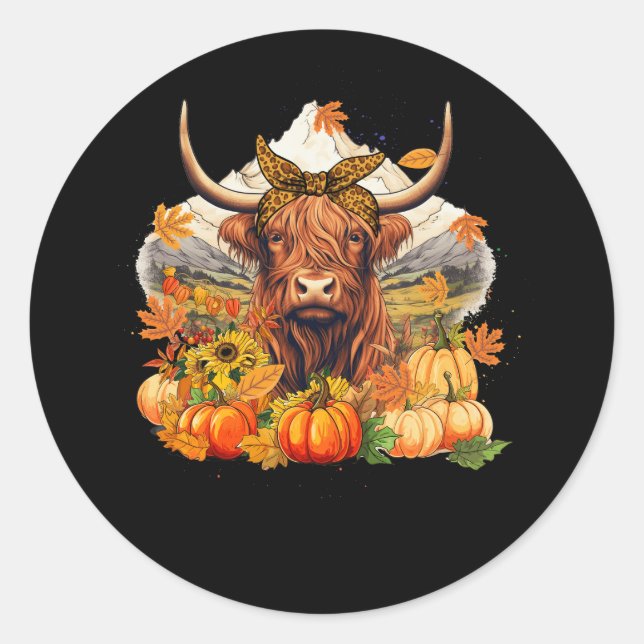 Sticker Rond Highland Cow Fall Et Citrouilles Feuille Automne R (Devant)