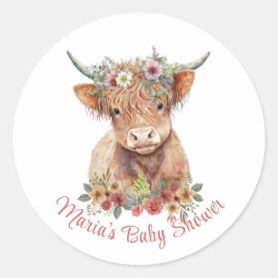 Sticker Rond Highland Cow Floral Illustration mignon Rustique