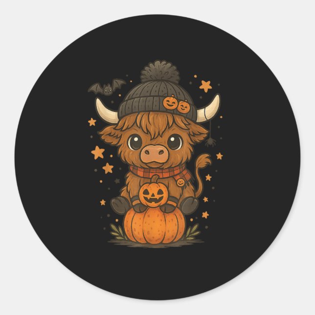 Sticker Rond Highland Cow Halloween Citrouille (Devant)