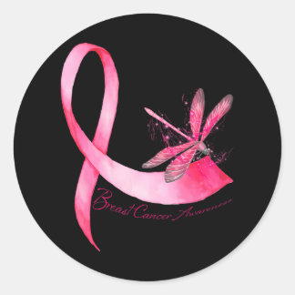 Sticker Rond Hippie Dragonfly rose Ruban Cancer du sein
