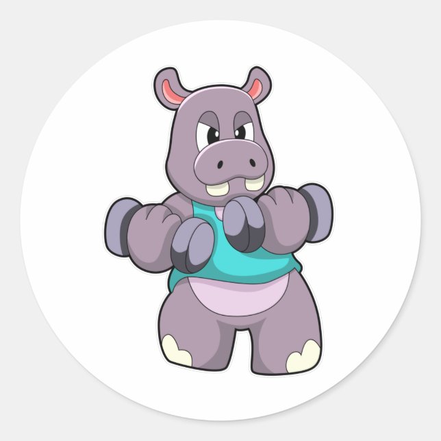 Sticker Rond Hippo à Bodybuilding avec Dumbbells (Devant)