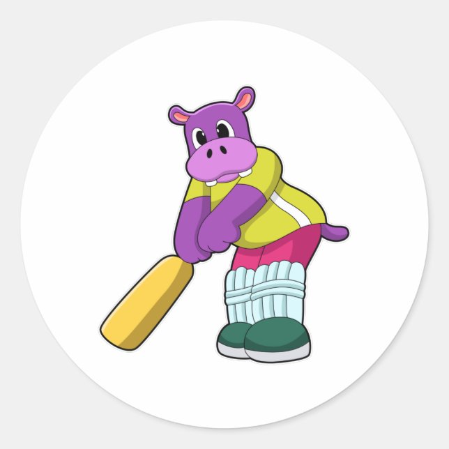 Sticker Rond Hippo au cricket avec batte de cricket (Devant)