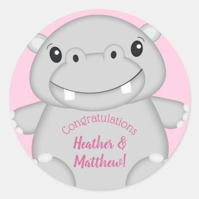 Sticker Rond Hippo Baby shower rose (Devant)