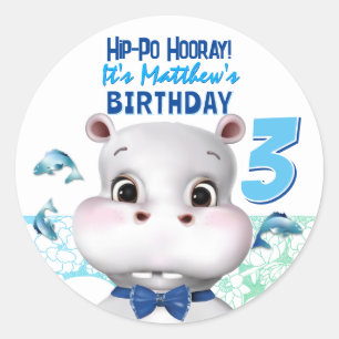 Sticker Rond Hippo Blue Fish Boy Merci d'anniversaire