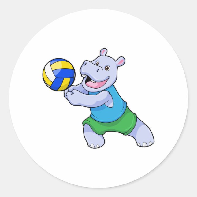 Sticker Rond Hippo comme joueur de volleyball avec volleyball (Devant)