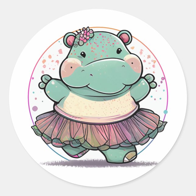 Sticker Rond Hippo de danse mignonne et joueuse dans un Tutu (Devant)