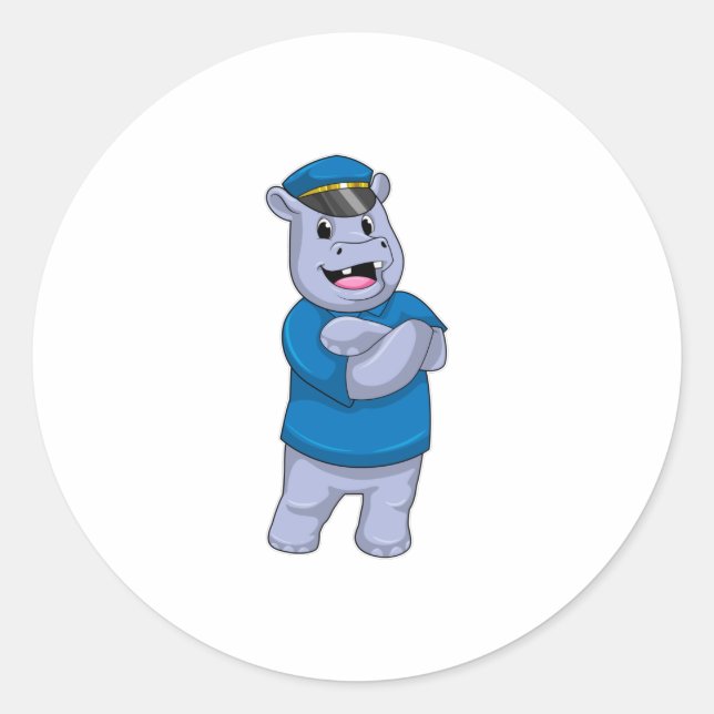 Sticker Rond Hippo en tant que policier avec casquette de polic (Devant)