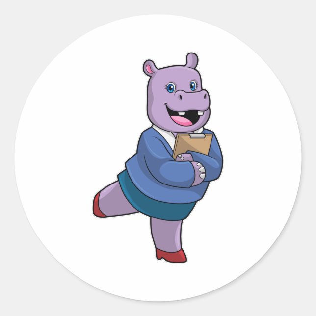 Sticker Rond Hippo en tant que secrétaire avec Bloc-notes (Devant)