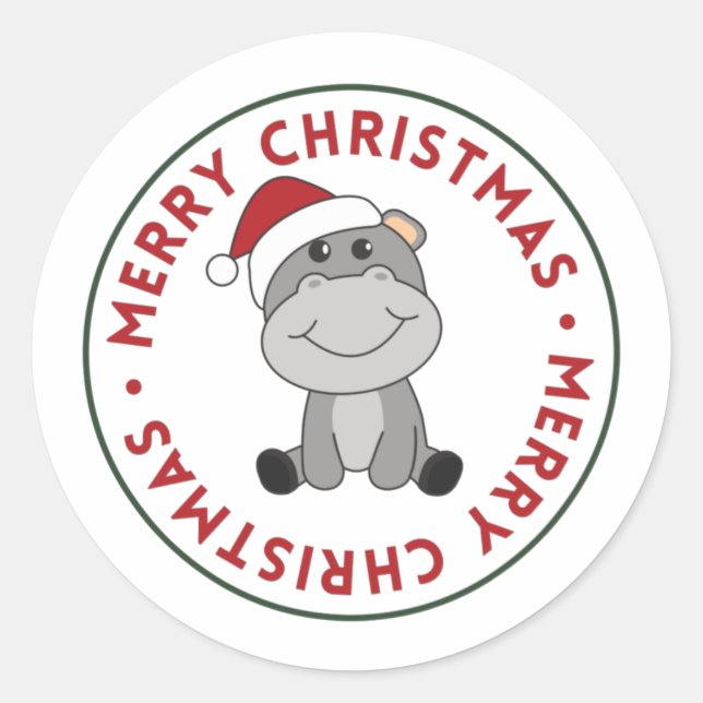Sticker Rond Hippo Joyeux Noël Animaux d'hiver Hippopotames Cla (Devant)