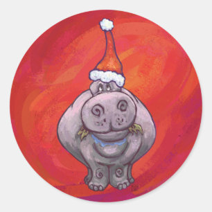 Sticker Rond Hippo mignon à Santa Hat en rouge