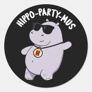 Sticker Rond Hippo-party-mus Funny Animal Hippo Pun Dark BG