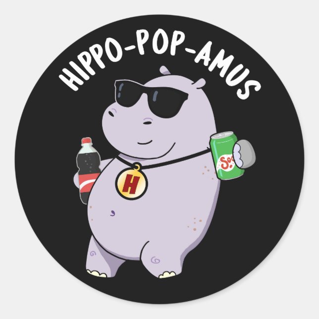 Sticker Rond Hippo-pop-amus Funny Hippo Soda Pun Pop Dark BG (Devant)