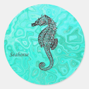 Sticker Rond Hippocampe sur le motif de marbre de turquoise