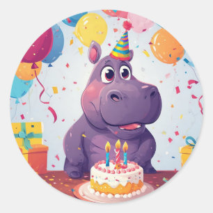 Sticker Rond Hippopotame adorable célébrant son anniversaire av