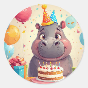 Sticker Rond Hippopotame adorable célébrant son anniversaire av