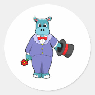 Sticker Rond Hippopotame en marié avec costume et rose