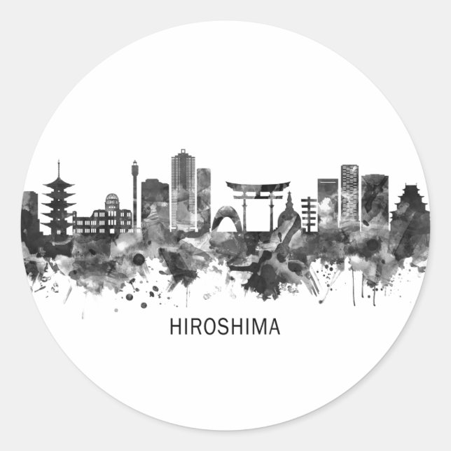 Sticker Rond Hiroshima Japon Skyline BW (Devant)