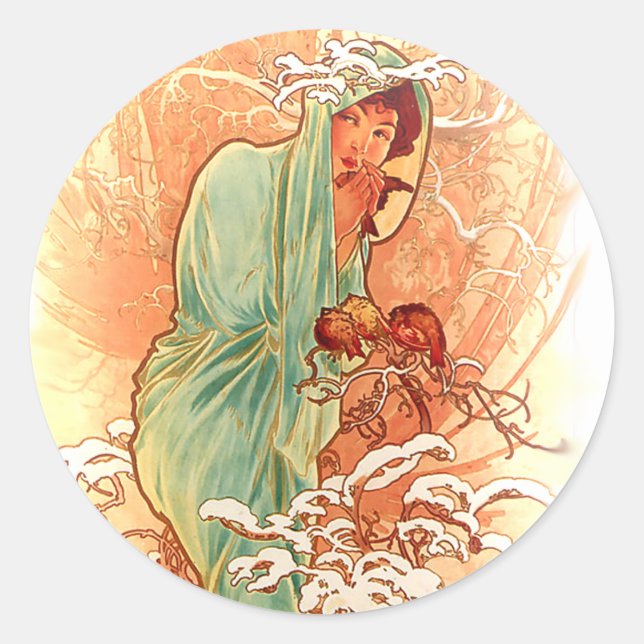 Sticker Rond Hiver - Alphonse Mucha Art Nouveau (Devant)