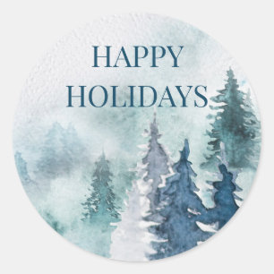 Sticker Rond Hiver Aquarelle Pine Forêt Bleu Vert Personnalisé