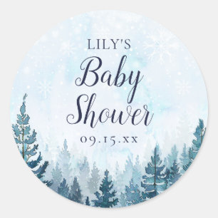 Sticker Rond Hiver Baby shower forestier rustique de pins