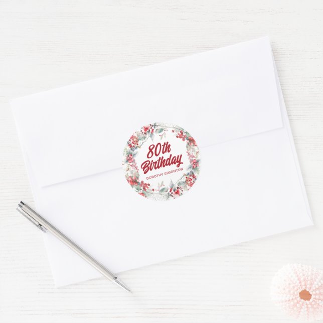 Sticker Rond Hiver Berry Wreath 80th Birthday Envelope Seal (Enveloppe)