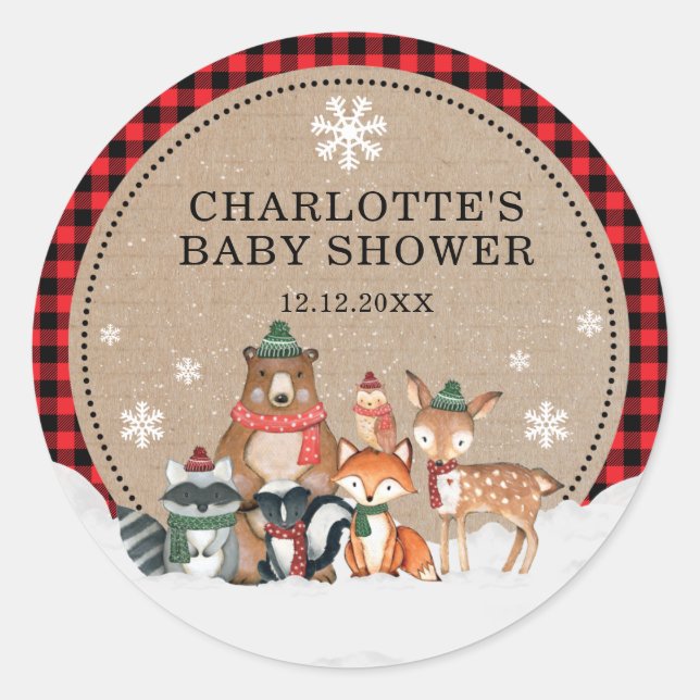 Sticker Rond Hiver Bois Animaux Baby shower 1er anniversaire (Devant)