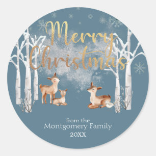 Sticker Rond Hiver Bois Cerf & Or Noël sur Bleu