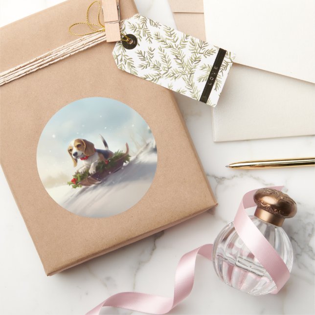 Sticker Rond hiver de neige de Noël beagle (Cadeaux)