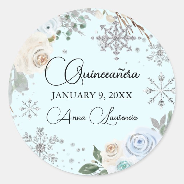 Sticker Rond Hiver Floral Argent et Quinceanera bleu clair (Devant)