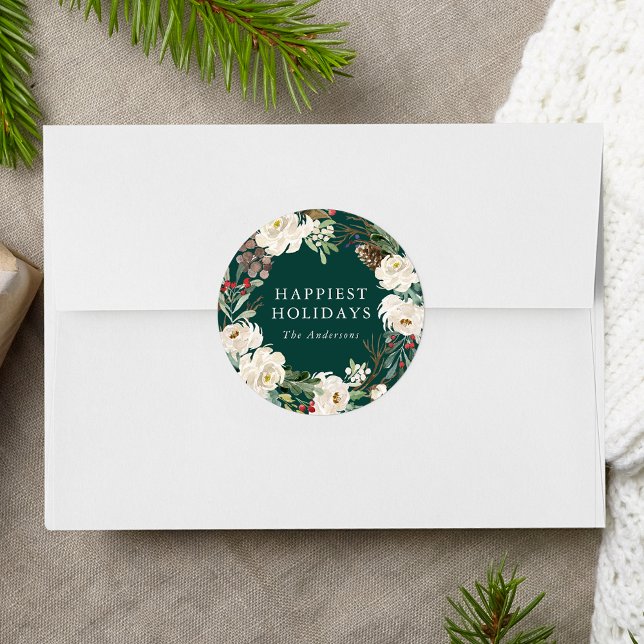 Sticker Rond Hiver Floral Wreath Green Fêtes Personnalisées (Créateur téléchargé)