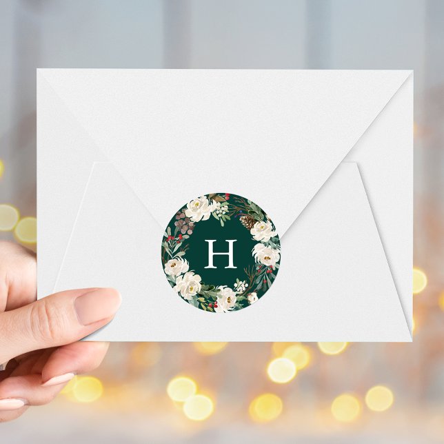 Sticker Rond Hiver Floral Wreath Green Monogram Holiday (Créateur téléchargé)