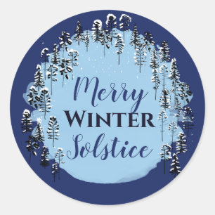 Sticker Rond Hiver neige Forêt Bleue Joyeux Solstice vacances