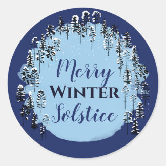 Sticker Rond Hiver neige Forêt Bleue Joyeux Solstice vacances