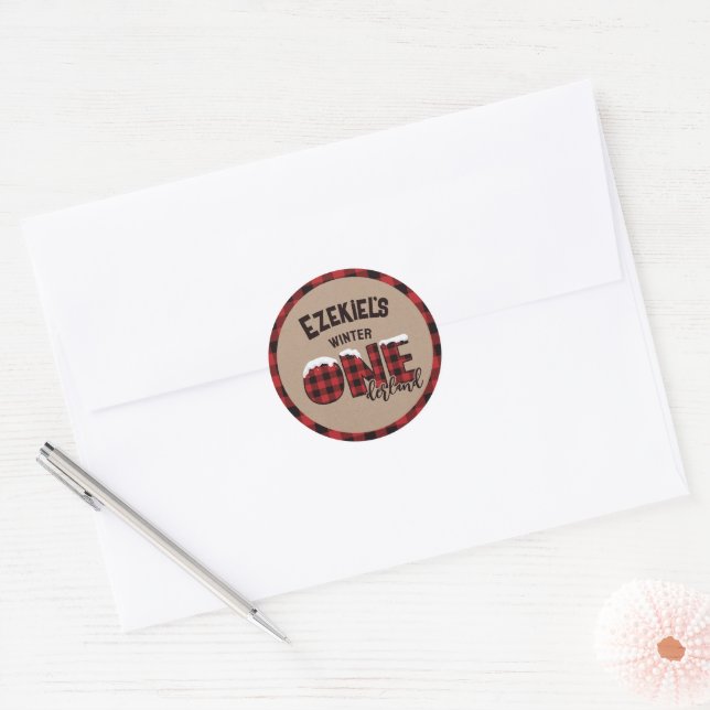 Sticker Rond Hiver ONE derland Buffalo Plaid Anniversaire (Enveloppe)