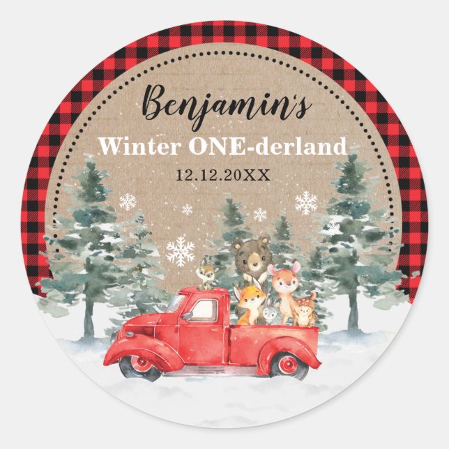 Sticker Rond Hiver ONE derland Forêt forestière Animaux Anniver (Devant)