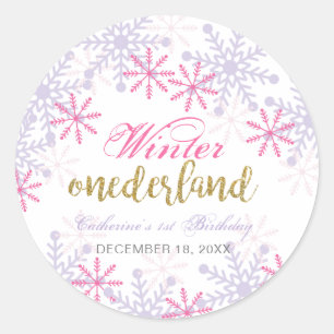 Sticker Rond Hiver Onederland 1er anniversaire Purple Pink Neig