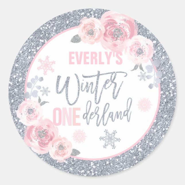 Sticker Rond Hiver ONEderland Rose et argent Anniversaire Faveu (Devant)